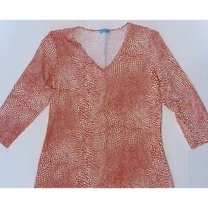 J McLaughlin Top Women’s Sz LG Pullover Coral Geometric Print 3/4 Sleeve Stretch